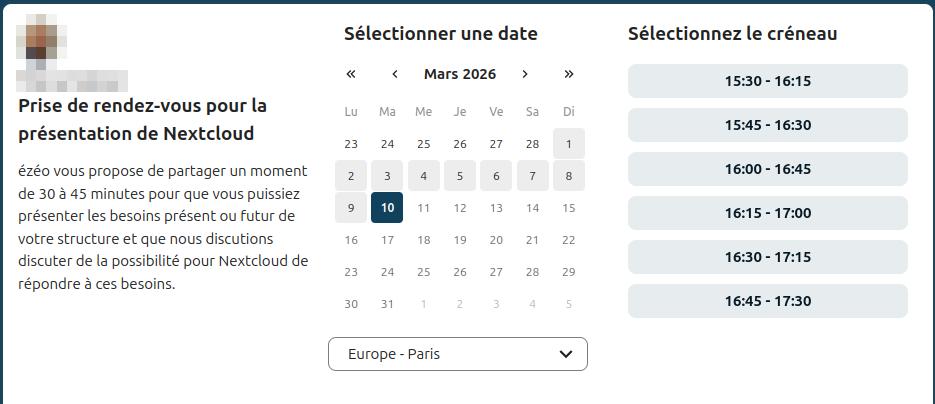 Formulaire de prise de RDV Nextcloud Calendar