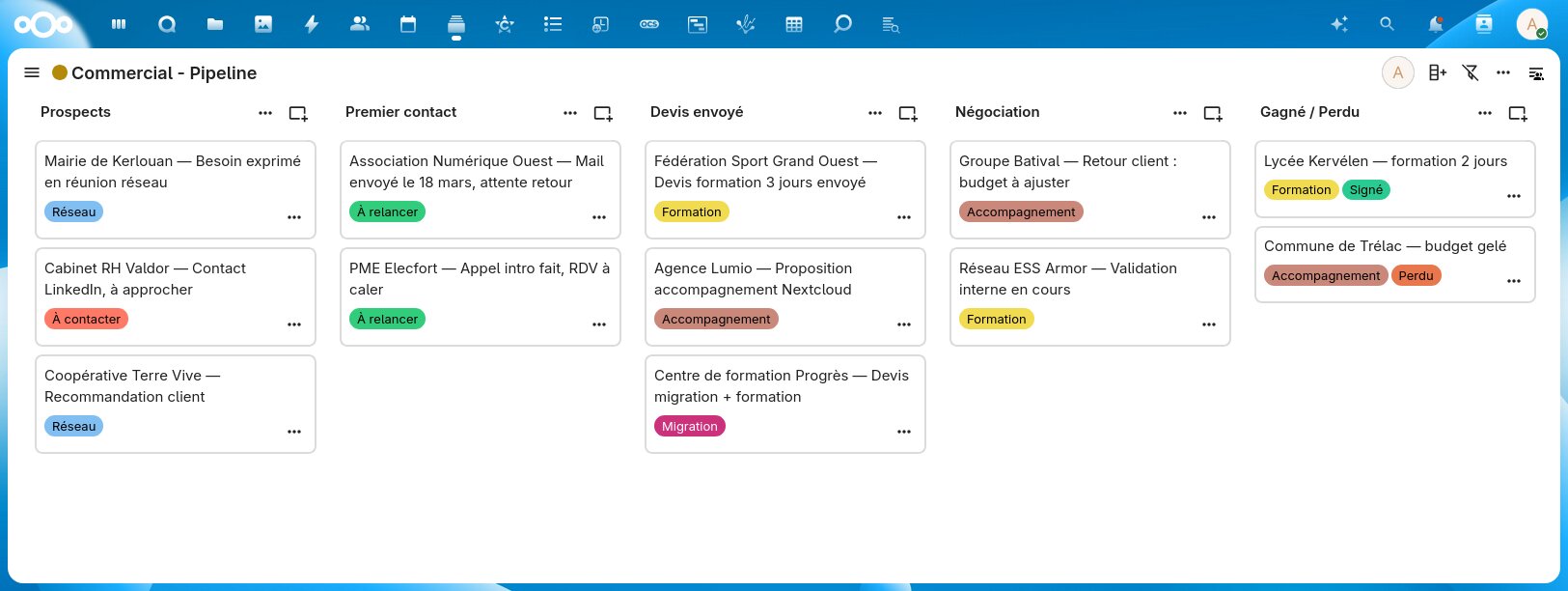Tableau de suivi commercial dans Nextcloud Deck