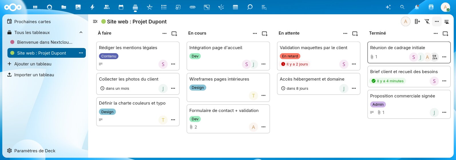 Tableau de projet dans Nextcloud Deck