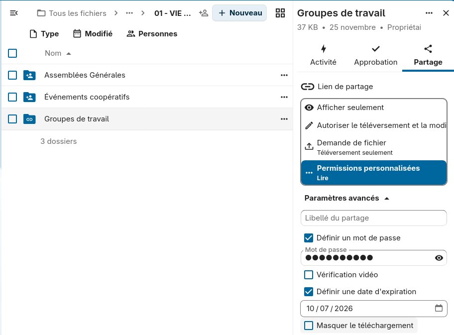 Création d'un lien de partage dans Nextcloud Files