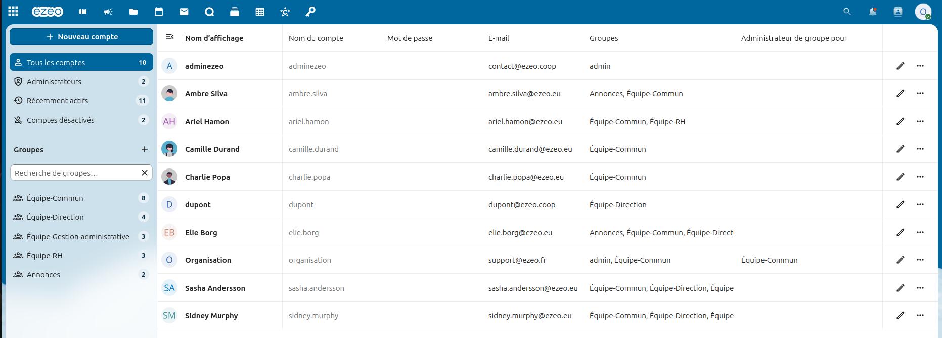 Interface de gestion des comptes utilisateurs dans Nextcloud